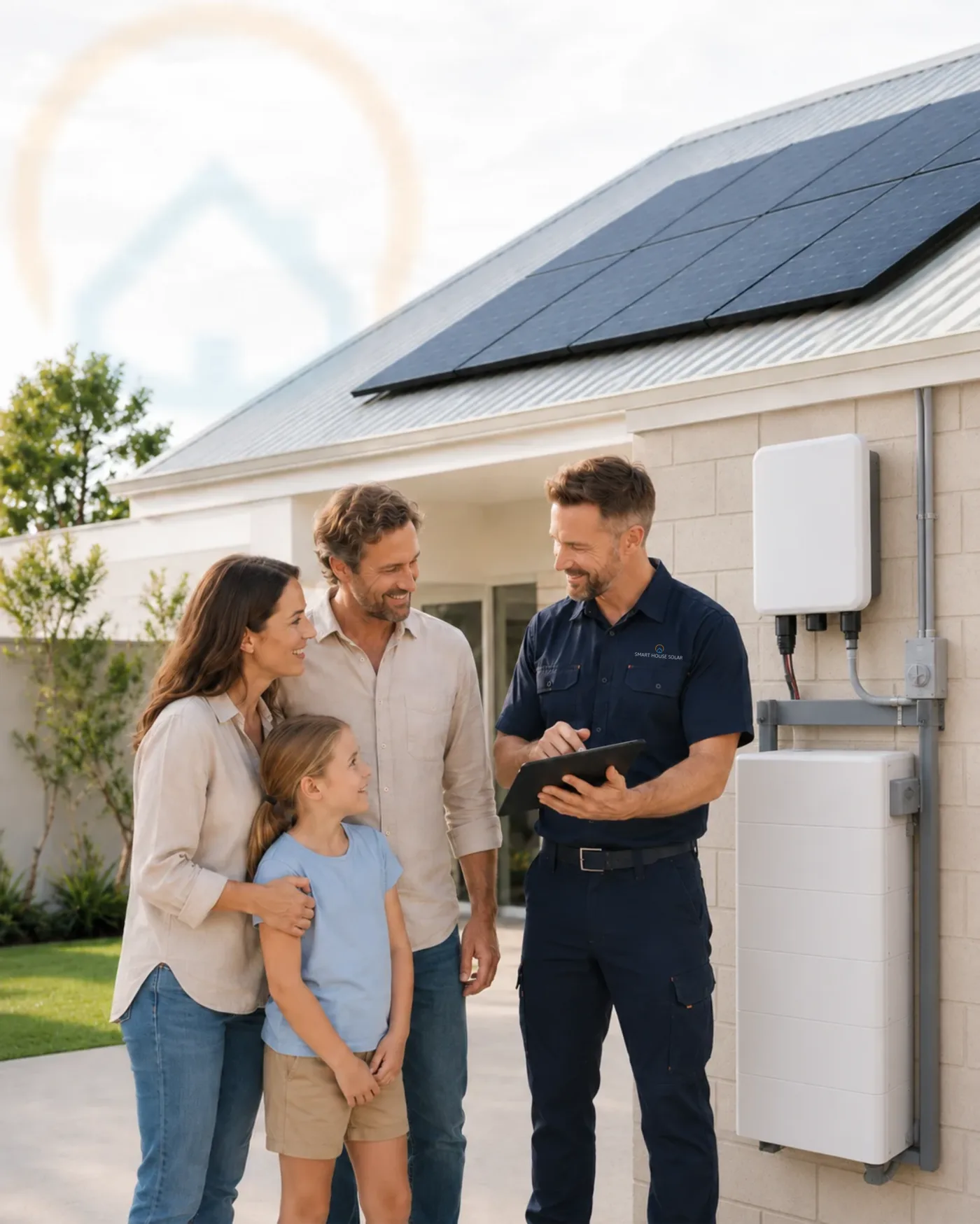 Smart House Solar installer showing a family their new solar and battery system