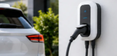 Wall-mounted EV charger plugged into a car in a driveway